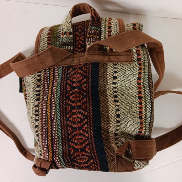 Catori Southwestern Drawstring Mini Backpack Bag Brown Blanket Canvas Tweed - Picture 7 of 15